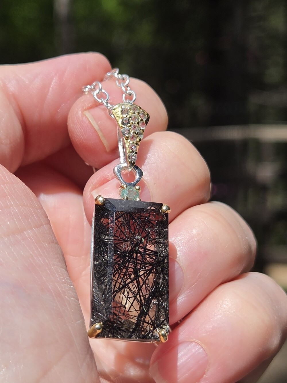 Rutilated Quartz Emerald Cut Natural 28k Topaz&tourmaline Pendant Necklace 18" - Picture 9 of 13
